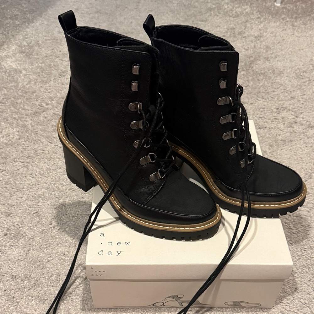 A New Day Women's Black Lace-Up Chunky Heel Boots